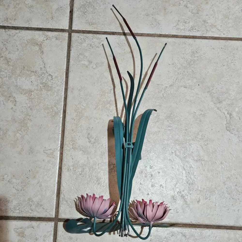 60s cottagecore boho tole lotus pink green candle holder wall decor